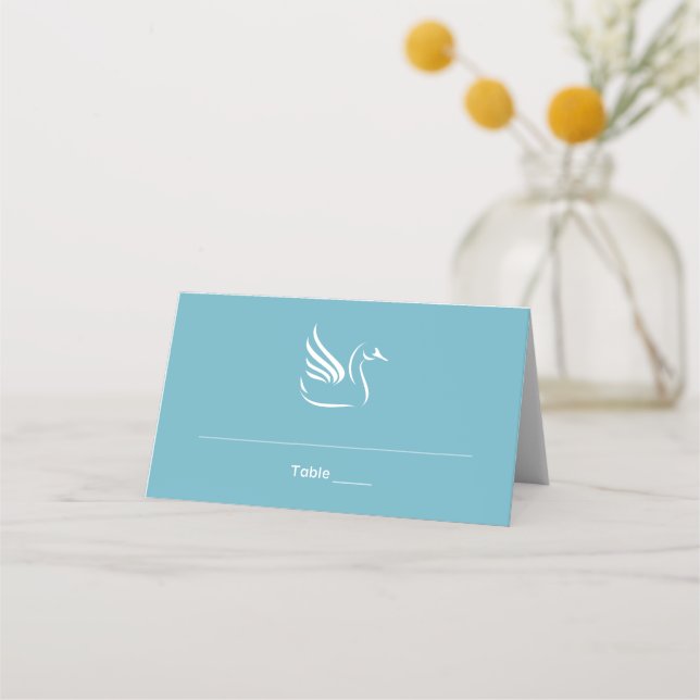 Stylised Swan On Blue Wedding Place Card (Front)