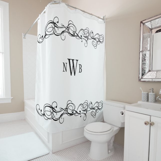 Stylised Swirly Border Monogram Shower Curtain (In Situ)