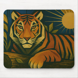 Stylised Tiger in Ornamental Sunburst Frame Mouse Mat