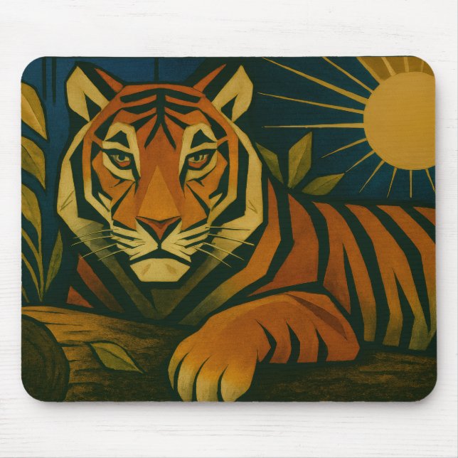 Stylised Tiger in Ornamental Sunburst Frame Mouse Mat (Front)