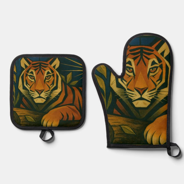 Stylised Tiger in Ornamental Sunburst Frame Oven Mitt & Pot Holder Set (Front)