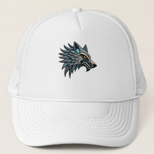 Stylised Tribal Wolf Art With Orange Eyes Trucker Hat