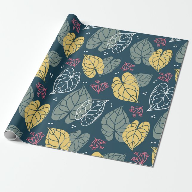 Stylised tropical leaves pattern, green & yellow wrapping paper (Unrolled)
