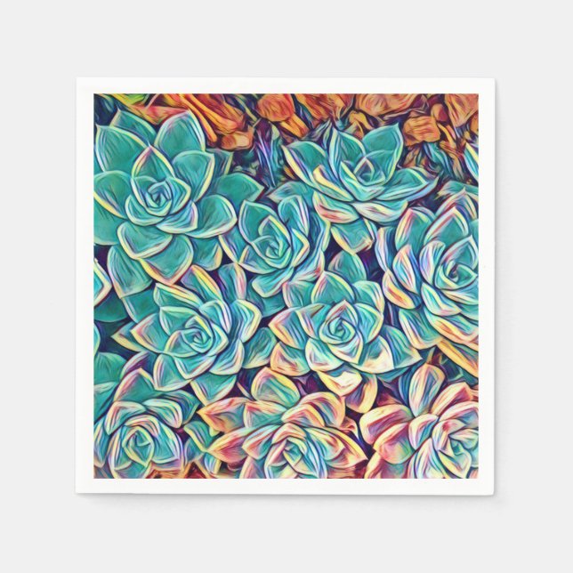 Stylised Turquoise Succulents Paper Napkin (Front)