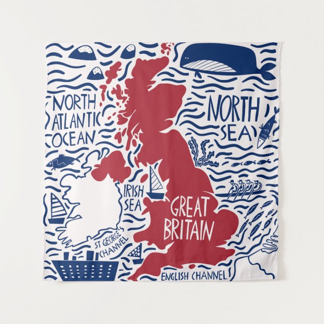 Stylised UK Map: Vintage Travel. Tapestry (Front)