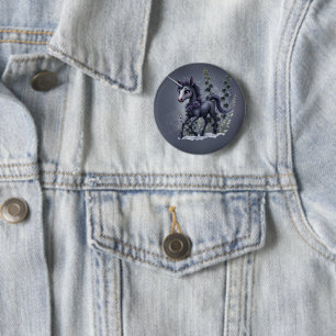 Stylised unicorn in floral splendour. 6 cm round badge