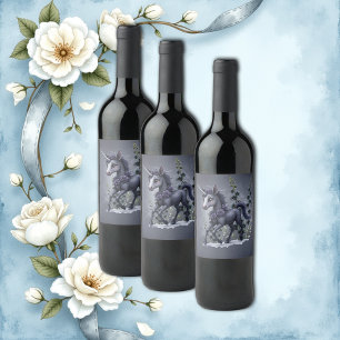 Stylised unicorn in floral splendour.  wine label
