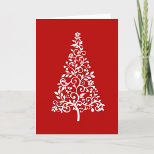 Stylised White Christmas tree on red holiday card