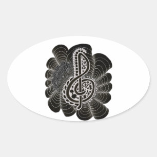 Stylised White on Black Treble Clef Music Doodle Oval Sticker