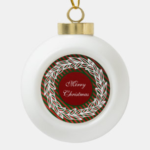 Stylised White Wreath on Red and Green Stripes Ceramic Ball Christmas Ornament