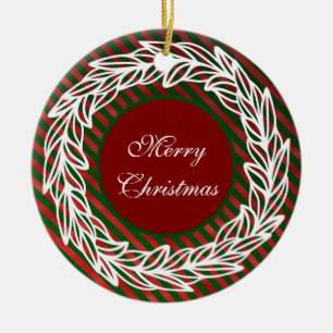 Stylised White Wreath on Red and Green Stripes Ceramic Tree Decoration