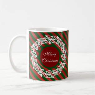 Stylised White Wreath on Red and Green Stripes Coffee Mug