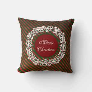 Stylised White Wreath on Red and Green Stripes Cushion