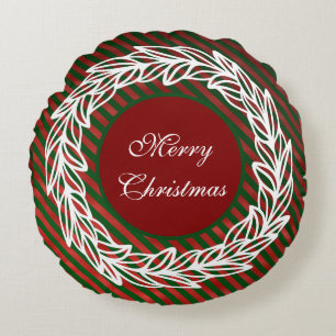 Stylised White Wreath on Red and Green Stripes Round Cushion