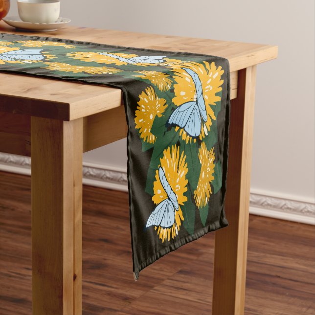Stylised Yellow Dandelion Butterflies Brown Short Table Runner (In Situ)