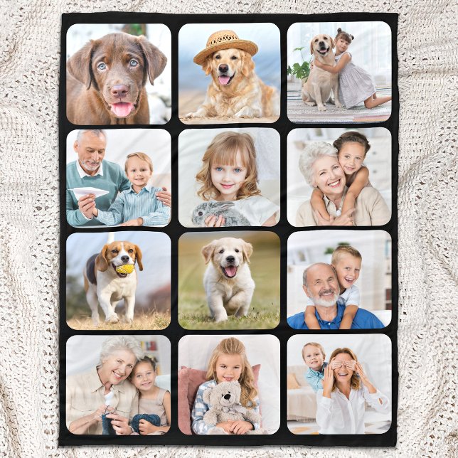 Stylish 12 Photo Collage Personalised Black Fleece Blanket (Creator Uploaded)