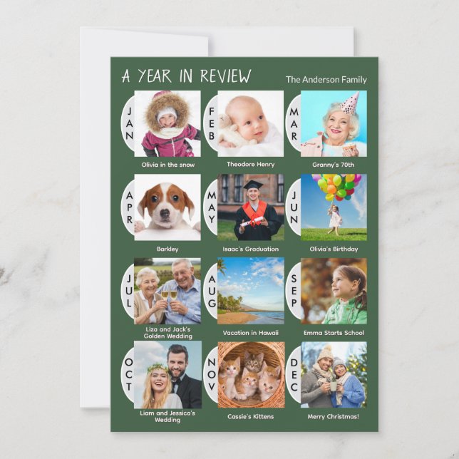 Stylish 12-Photo Custom Collage Dark Green Holiday Card (Front)