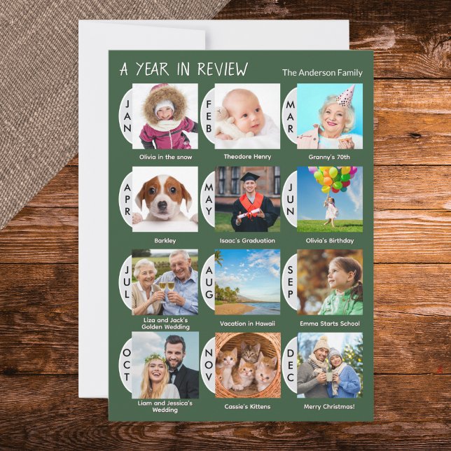 Stylish 12-Photo Custom Collage Dark Green Holiday Card (A Christmas card with 'Year in Review' design, with custom photo and caption for every month)