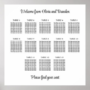 Stylish 13 Table Wedding Seating Chart Poster
