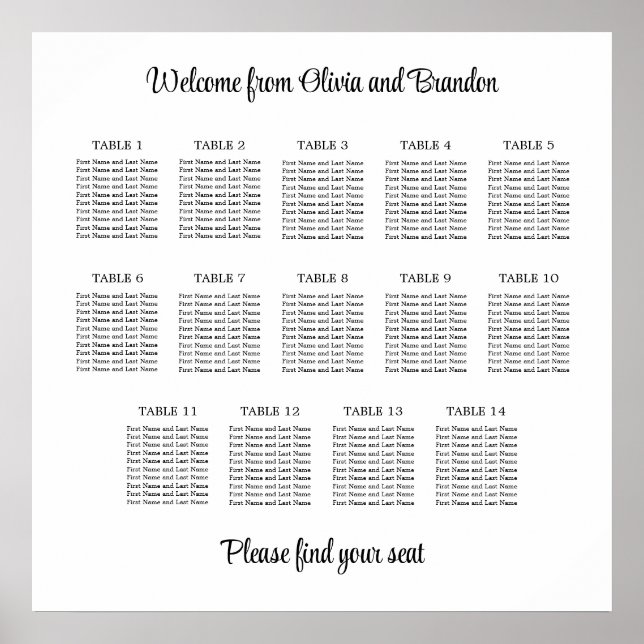 Stylish 14 Table Wedding Seating Chart Poster (Front)