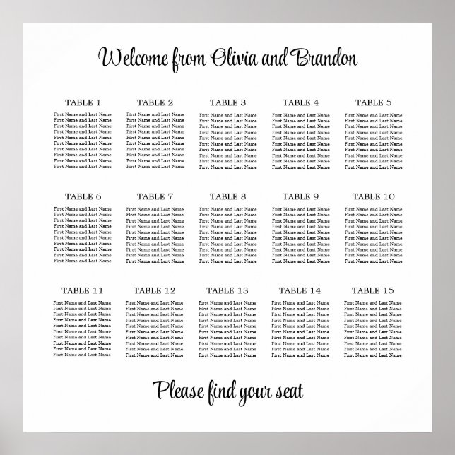Stylish 15 Table Wedding Seating Chart Poster (Front)