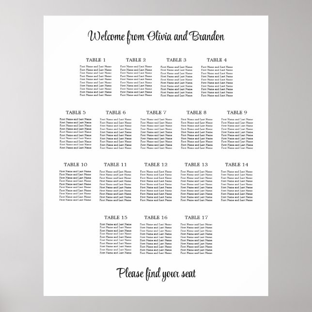 Stylish 17 Table Wedding Seating Chart Poster (Front)
