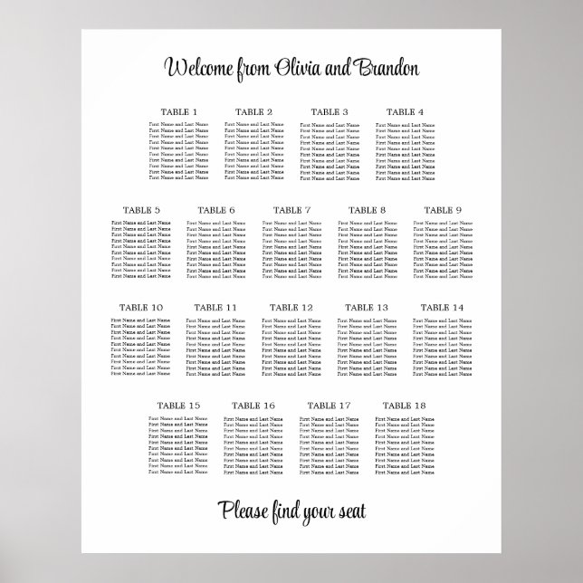 Stylish 18 Table Wedding Seating Chart Poster (Front)