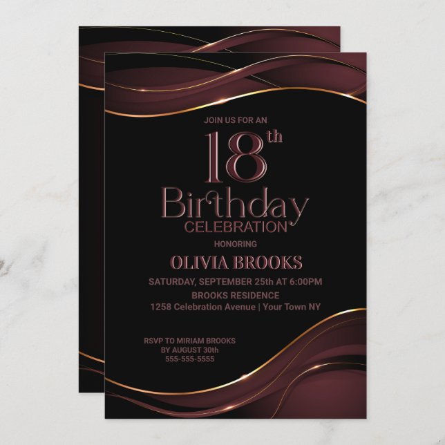 Stylish 18th Birthday Black and Pink Party Invitation (Front/Back)