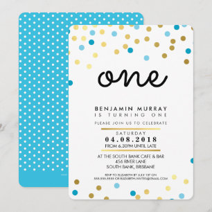 STYLISH 1ST birthday party INVITE blue gold boy