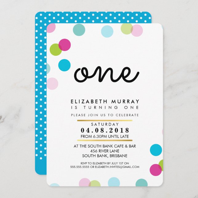 STYLISH 1ST birthday party INVITE bright confetti (Front/Back)