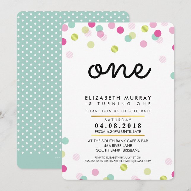 STYLISH 1ST birthday party INVITE pink mint girl (Front/Back)