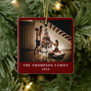 Stylish 2023 Family Photo Minimalist Dark Red Ceramic Ornament