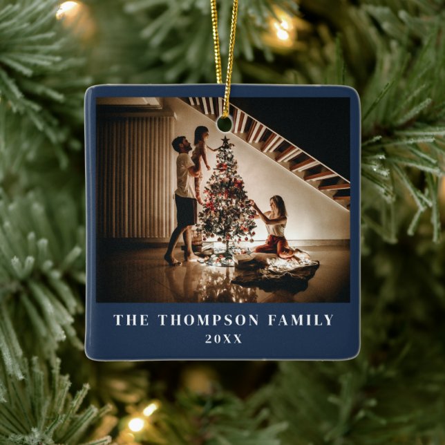 Stylish 2023 Family Photo Minimalist Navy Blue Ceramic Ornament (Tree)