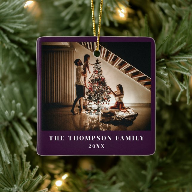 Stylish 2023 Family Photo Minimalist Purple Modern Ceramic Ornament (Tree)