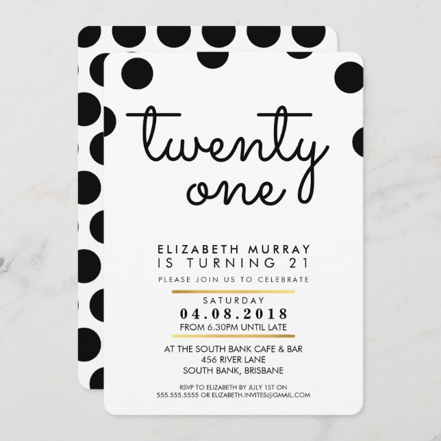 STYLISH 21st birthday party INVITE black polka dot (Front/Back)