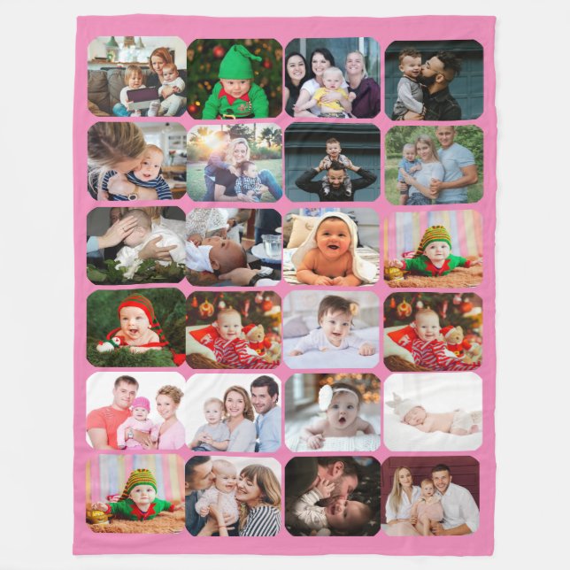 Stylish 24 Photo Collage Pink Fleece Blanket (Front)