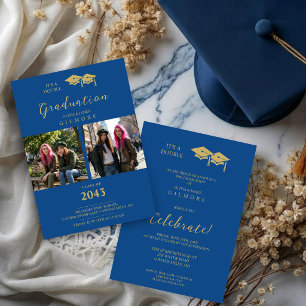 Stylish 2-Photo Twins Siblings Grad Blue TMF26 Invitation