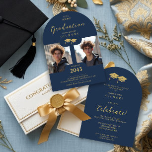 Stylish 2-Photo Twins Siblings Grad Gold TMF26 Invitation