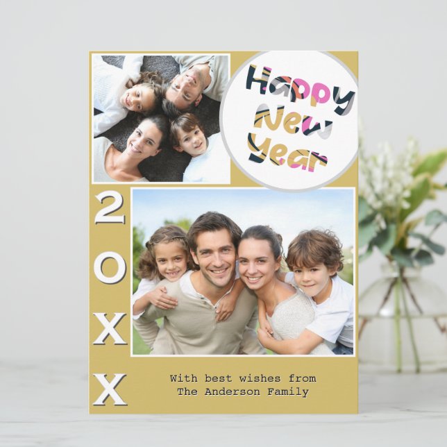 Stylish 2 Photo Yellow Personalised Happy New Year Holiday Card (Standing Front)