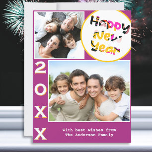Stylish 2 Photos Pink Happy New Year Holiday Card