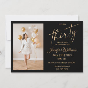 stylish 30th birthday black gold script photo  invitation