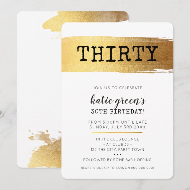 STYLISH 30TH birthday INVITE faux gold brushstroke (Front/Back)