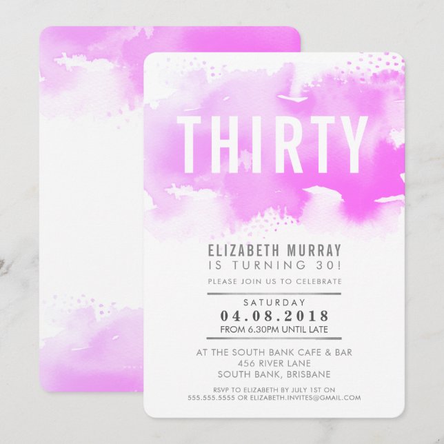 STYLISH 30TH birthday modern watercolor chic pink Invitation (Front/Back)