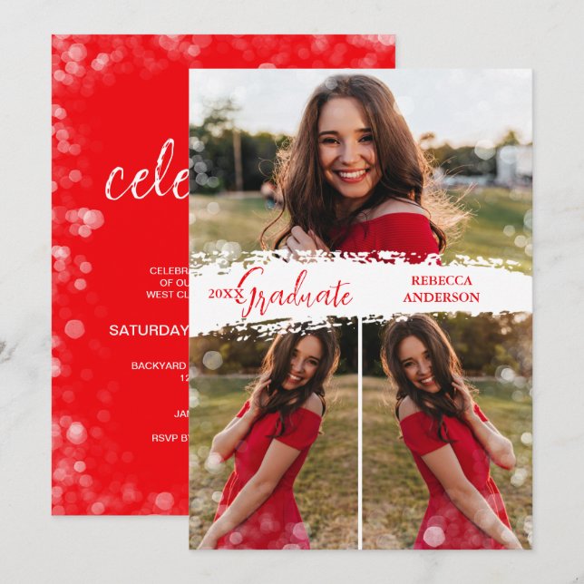 Stylish 3 Photo Graduation  Invitation (Front/Back)