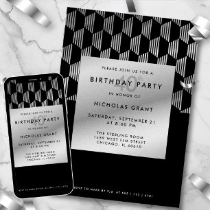 Stylish 40th Birthday Faux Silver Foil Black Invitation