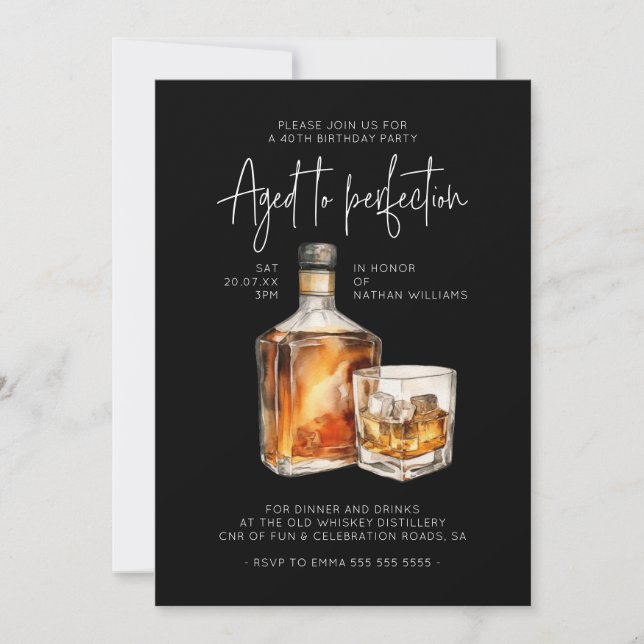 Stylish 40th Birthday Invite Male - Whiskey Theme (Front)
