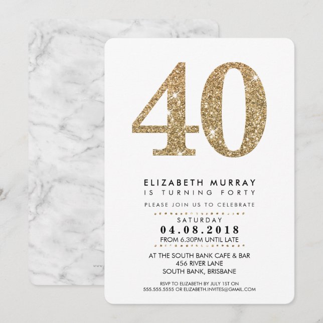 STYLISH 40TH birthday party INVITE gold glitter 40 (Front/Back)