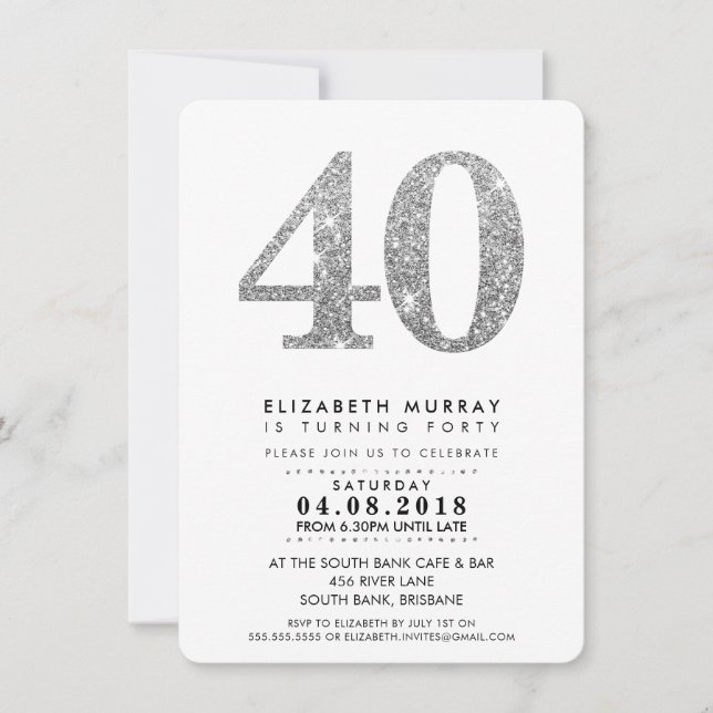 STYLISH 40TH birthday party INVITE silver glitter (Front)