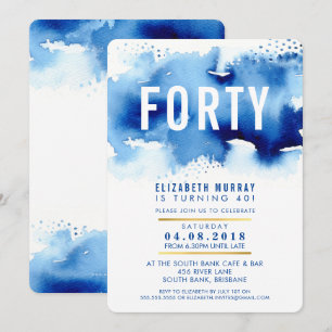 STYLISH 40TH birthday party INVITE watercolor blue