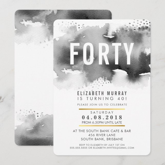 STYLISH 40TH birthday party INVITE watercolor grey (Front/Back)